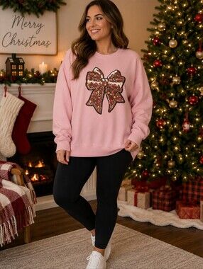 HG Creations Gingerbread Sequin Bow Christmas Sweatshirt Pink Size Medium